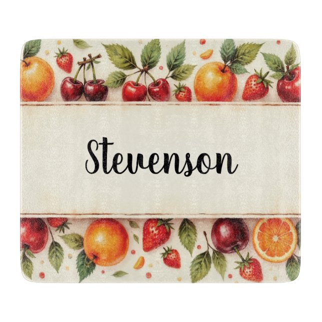 Personalised Watercolor Fruit Glass Cutting Board (Front)