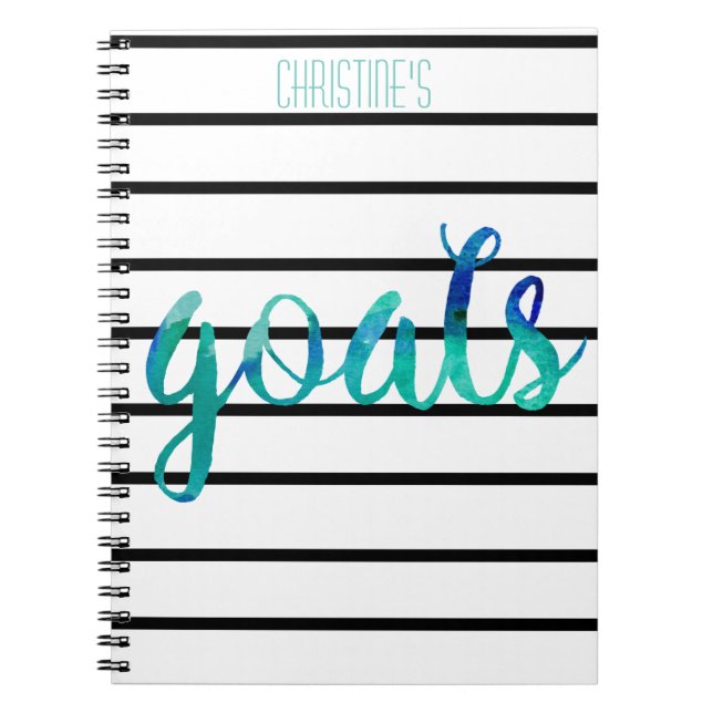 Personalised Watercolor Goals Trendy Black Stripe Notebook (Front)