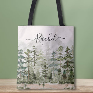 Personalised Watercolor Green Pine Forest Mountain Tote Bag