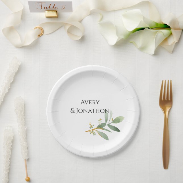 Personalised watercolor greenery and faux gold paper plate (Wedding)