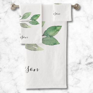 Personalised Watercolor Greenery Bath Towel Set