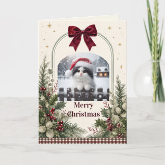 Personalised Watercolor Greenery Red Bow Christmas Holiday Card