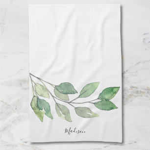 Personalised Watercolor Greenery Tea Towel