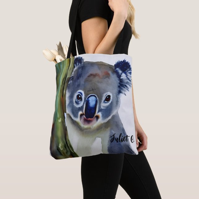 Personalised Watercolor Grey Koala Tote Bag (Close Up)