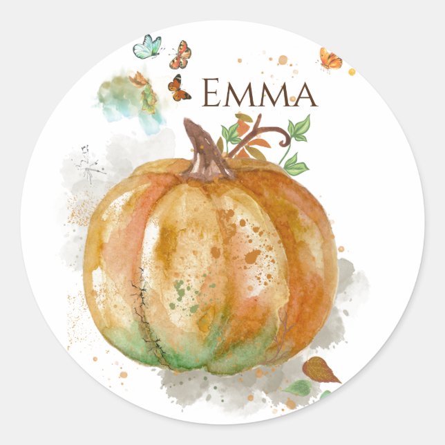 Personalised Watercolor Hand-painted Pumpkin Classic Round Sticker (Front)