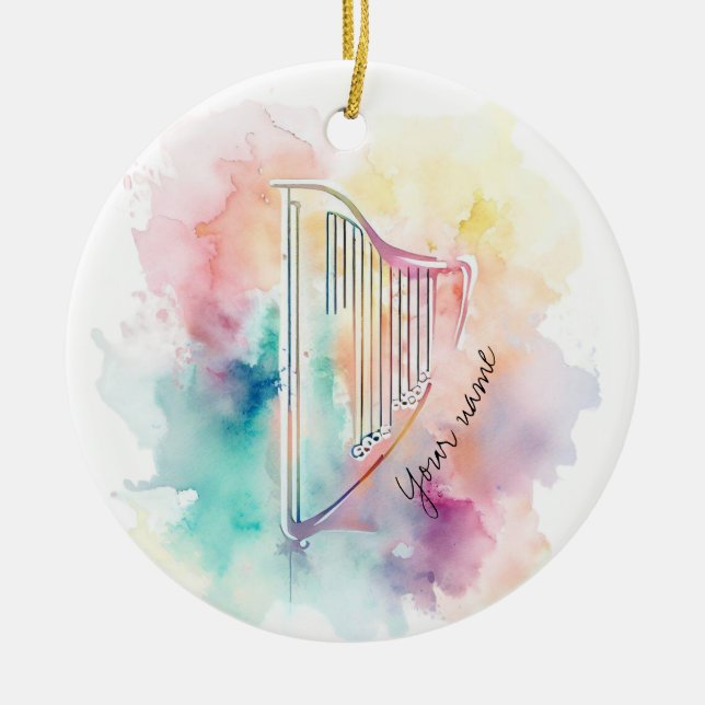 Personalised Watercolor Harp Ceramic Ornament (Front)