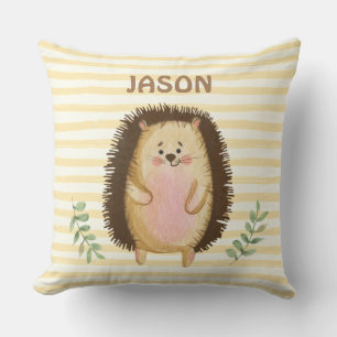Personalised watercolor hedgehog stripes nursery cushion