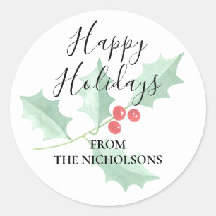 Personalised Watercolor Holly Happy Holidays Classic Round Sticker