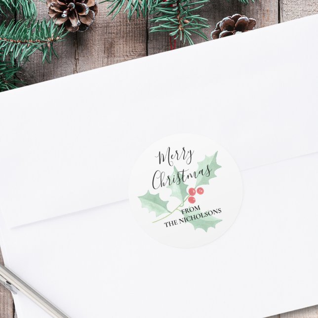 Personalised Watercolor Holly Merry Christmas  Classic Round Sticker (Creator Uploaded)