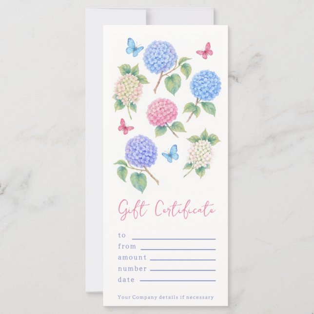 Personalised Watercolor Hydrangea Gift Certificate (Front)