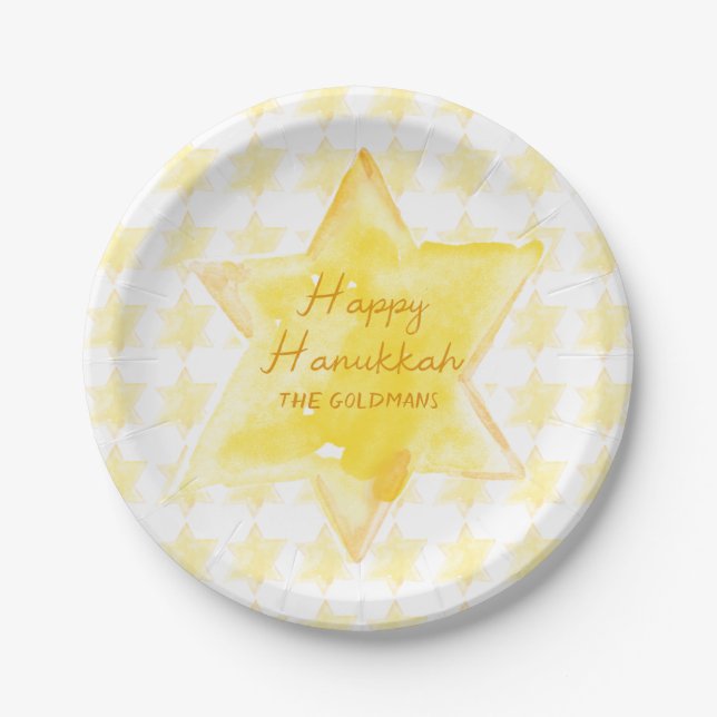 Personalised Watercolor Jewish Star Hanukkah  Paper Plate (Front)
