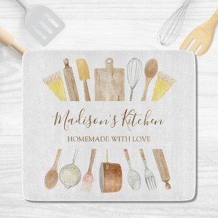 Personalised Watercolor Kitchen Cooking Utensils  Cutting Board