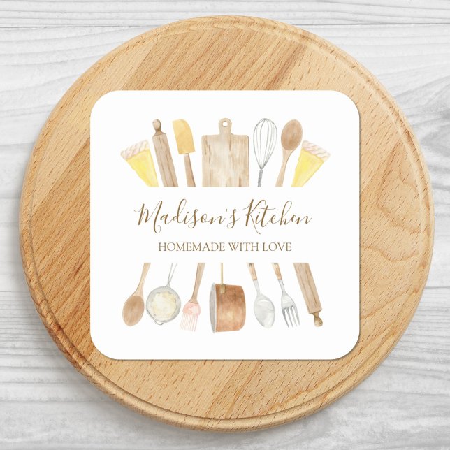Personalised Watercolor Kitchen Cooking Utensils  Square Sticker (Close up)