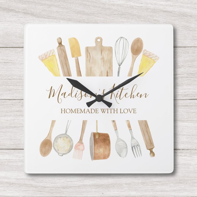 Personalised Watercolor Kitchen Cooking Utensils  Square Wall Clock (In situ)