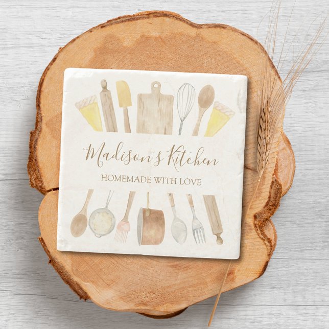 Personalised Watercolor Kitchen Cooking Utensils  Stone Coaster (Creator Uploaded)