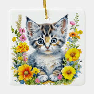 Personalised Watercolor Kitten Flowers Christmas Ceramic Ornament