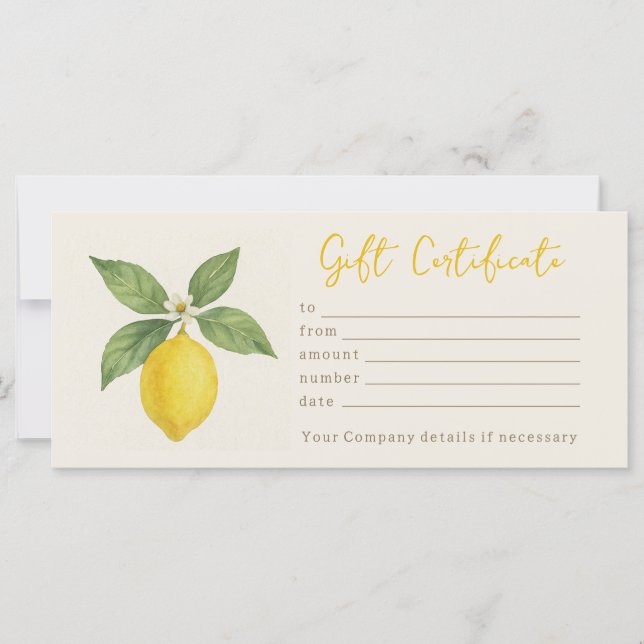 Personalised Watercolor Lemon Gift Certificate (Front)