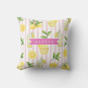 Personalised Watercolor Lemonade Cupcake Stripe Cushion