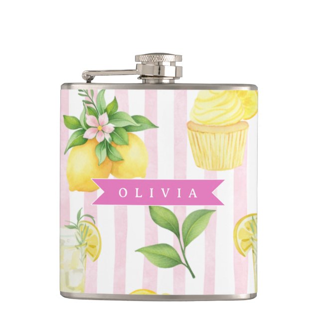 Personalised Watercolor Lemonade Cupcake Stripe Hip Flask (Front)