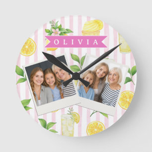 Personalised Watercolor Lemonade Cupcake Stripe Round Clock