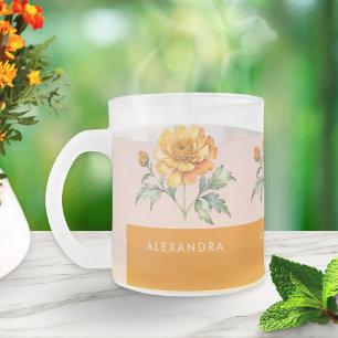 Personalised Watercolor Marigold Orange Floral Frosted Glass Coffee Mug