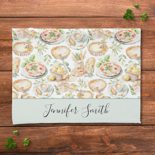 Personalised Watercolor Mediterranean Food Pattern Tea Towel