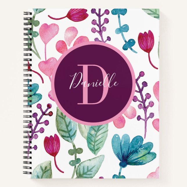Personalised Watercolor Monogram Script Name Notebook (Front)