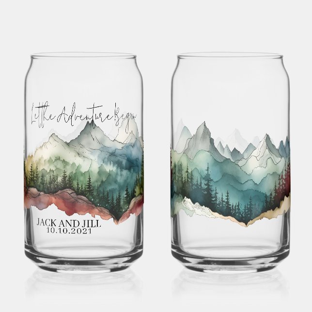 Personalised watercolor mountain beer can glass (Front)