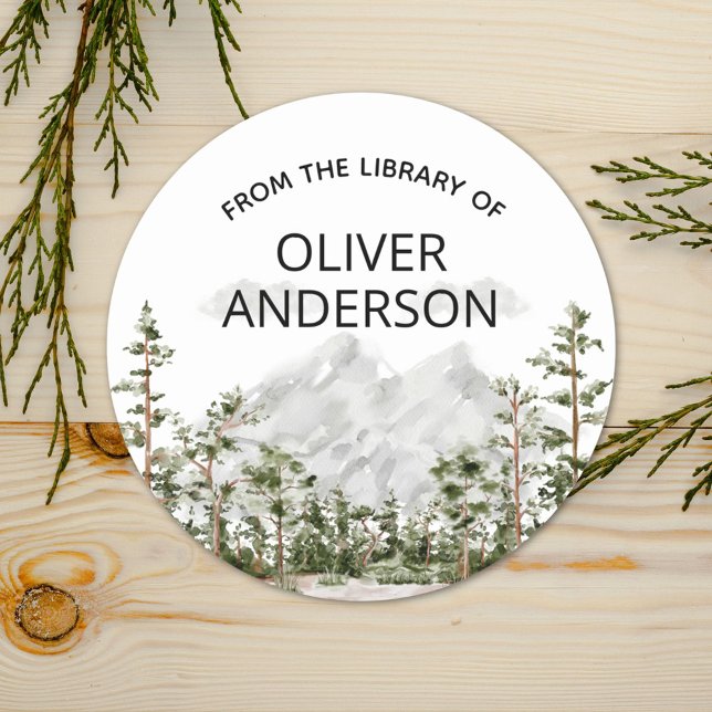 Personalised Watercolor Mountain Forest Bookplate Classic Round Sticker (In situ)