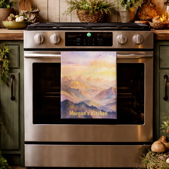 Personalised Watercolor Mountain Sunset Tea Towel (Creator Uploaded)