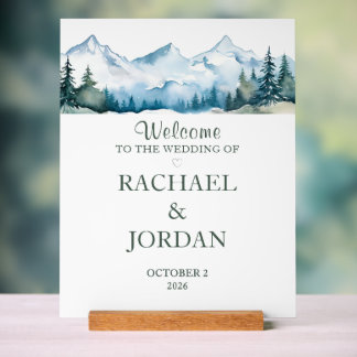 Personalised Watercolor Mountain Wedding Welcome Acrylic Sign