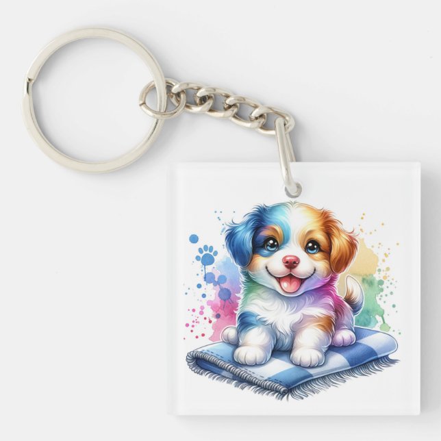 Personalised Watercolor Mutt Puppy Dog Key Ring (Front)