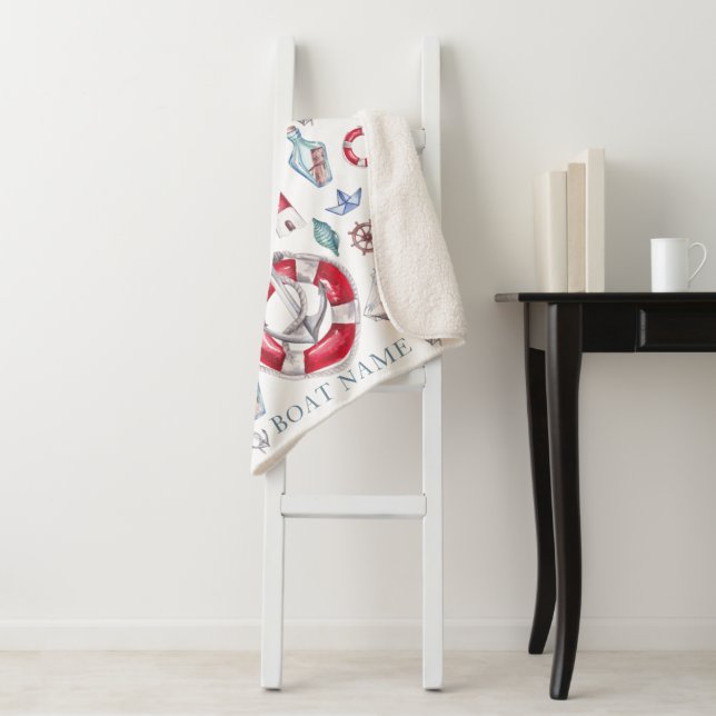 Personalised Watercolor Nautical Boat Name Sherpa Blanket (In Situ)