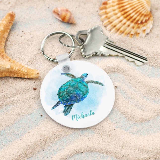 Personalised Watercolor Ocean Sea Turtle Key Ring (Creator Uploaded)