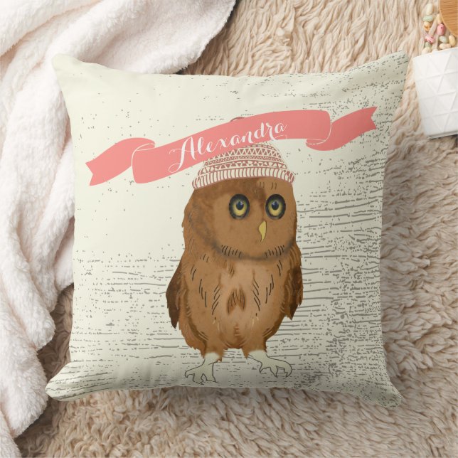Personalised Watercolor Owl Apricot Banner Cushion (Blanket)