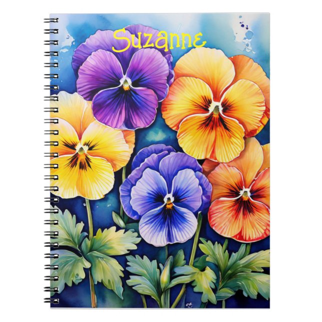 Personalised watercolor pansies notebook (Front)