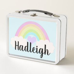 Personalised Watercolor Pastel Rainbow Gingham Metal Lunch Box