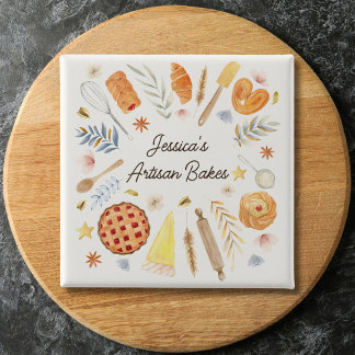 Personalised Watercolor Pastry Baking Bakery 15 Cm Square Badge