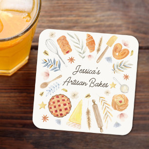 Personalised Watercolor Pastry Baking Bakery Square Paper Coaster