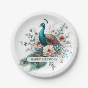 Personalised Watercolor Peacock Birthday Paper Plate