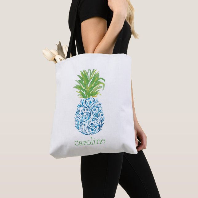 Personalised Watercolor Pineapple Chinoiserie Tote Bag (Close Up)