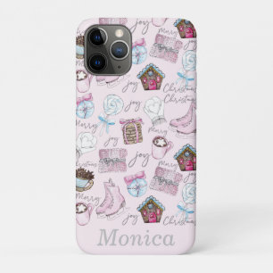 Personalised Watercolor Pink Christmas elements iPhone 11 Pro Case