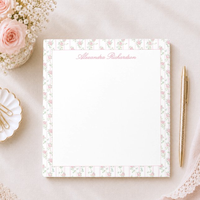 Personalised Watercolor Pink Floral Notepad (elegant grandmillennial pink floral coquette rose notepad with custom monogram in calligraphy script)