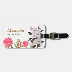 Personalised Watercolor Pink Flowers Floral Art Luggage Tag