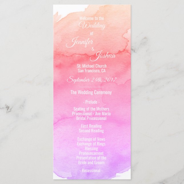 Personalised Watercolor Pink Wedding Programs Programme (Front)