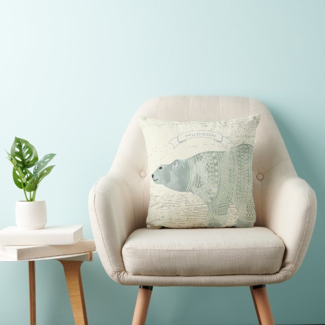Personalised Watercolor Polar Bear Grey Banner Cushion (Chair)