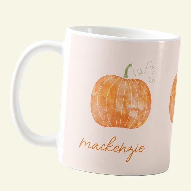 Personalised Watercolor Pumpkin Autumn Fall Coffee Mug (Modern script personalized custom name watercolor pumpkin mug for autumn, fall and Thanksgiving)