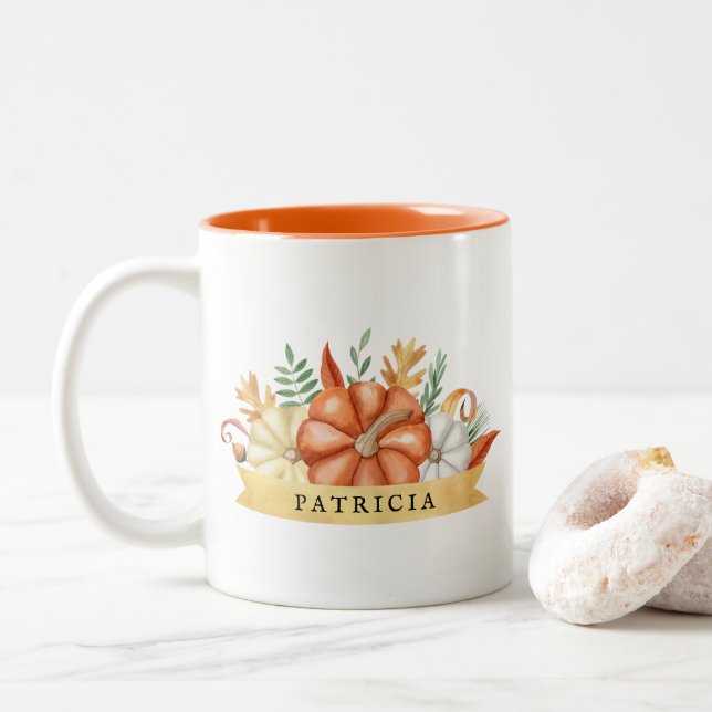 Personalised Watercolor Pumpkins | Fall Two-Tone Coffee Mug (With Donut)