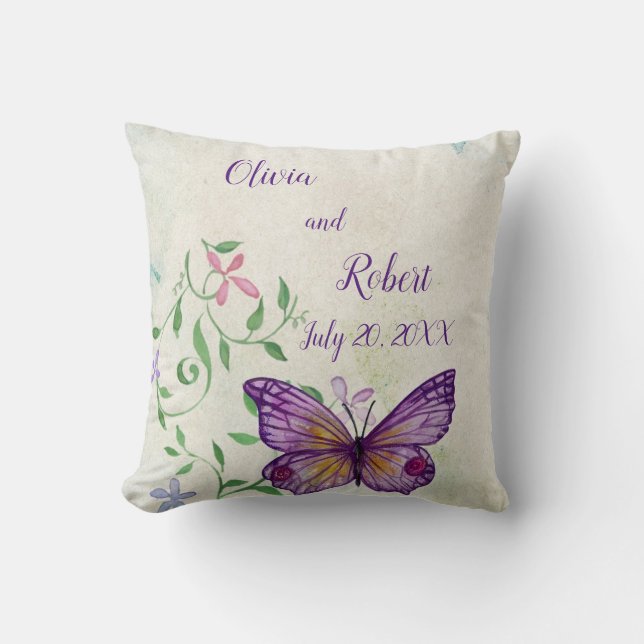 Personalised watercolor purple butterfly cushion (Front)
