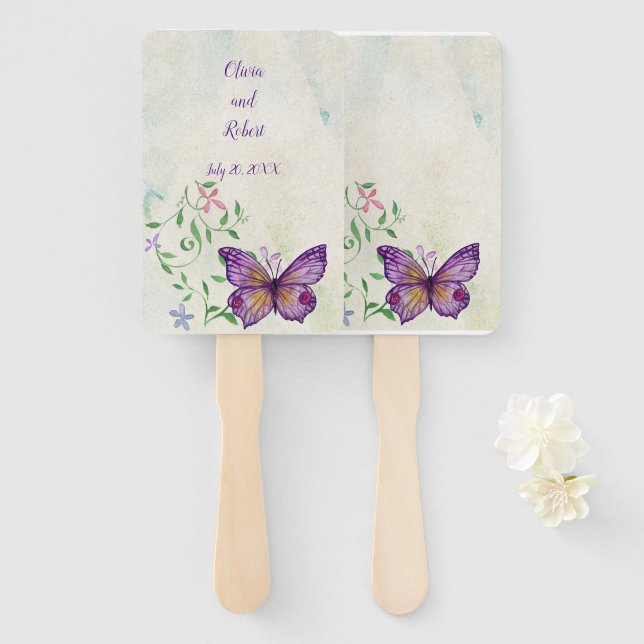 Personalised watercolor purple butterfly hand fan (Front and Back)